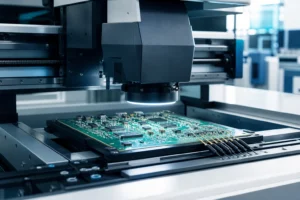 Automated optical inspection machine examining a populated PCB