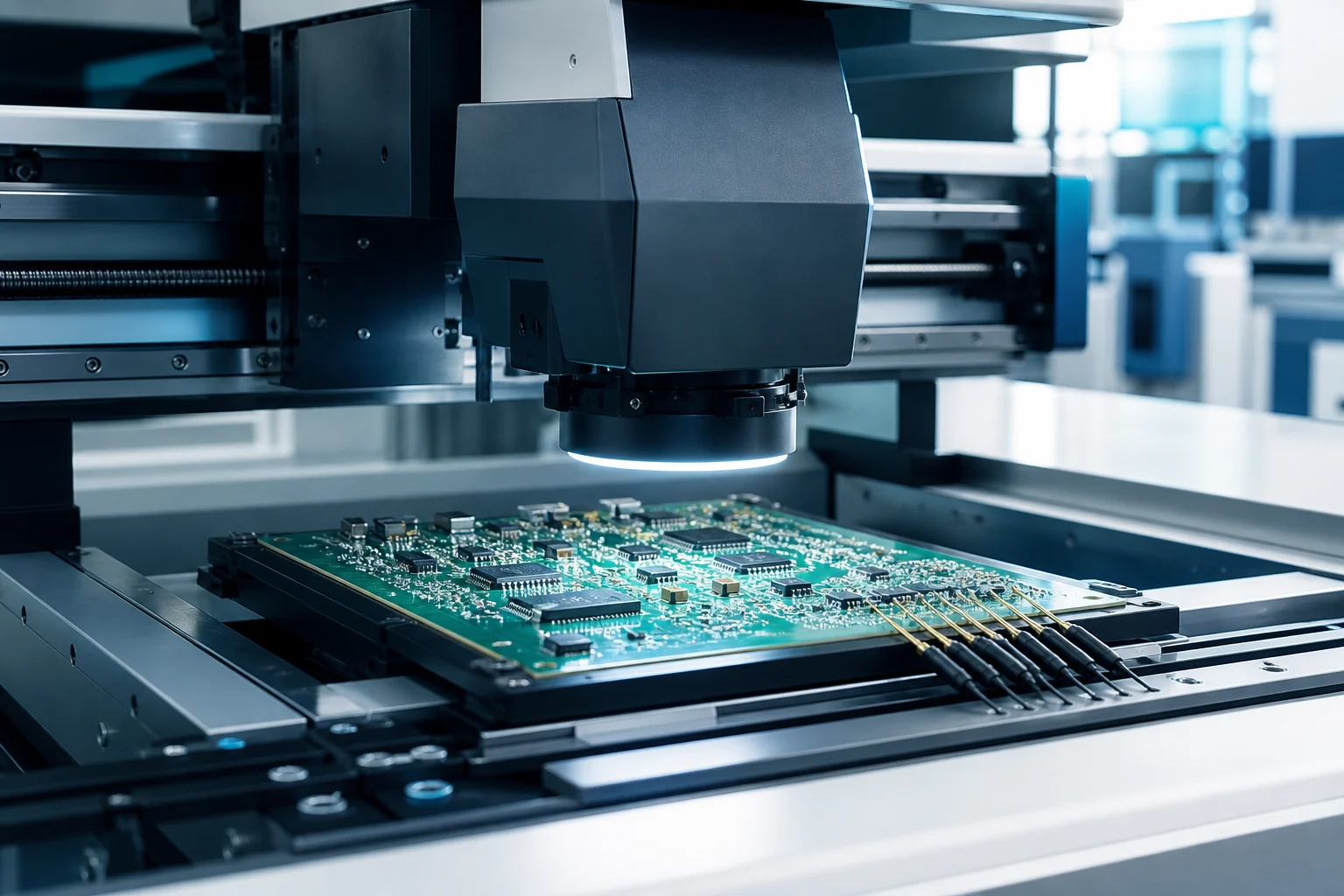 Automated optical inspection machine examining a populated PCB