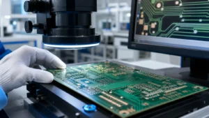 PCB engineer inspecting fine PCB traces and DFM tolerances under a digital microscope