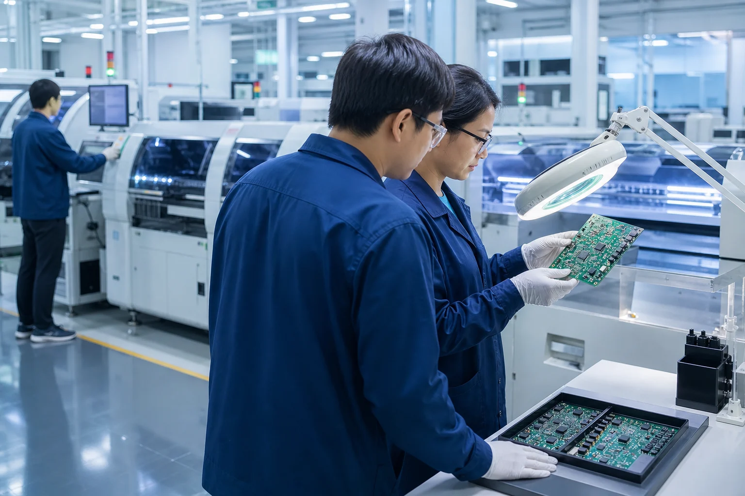 PCB quality engineers reviewing a circuit board on a modern factory floor