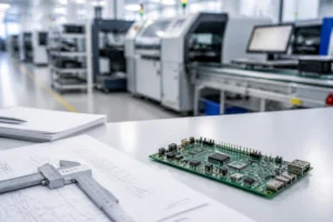 PCB prototype board on an engineering bench beside a production line