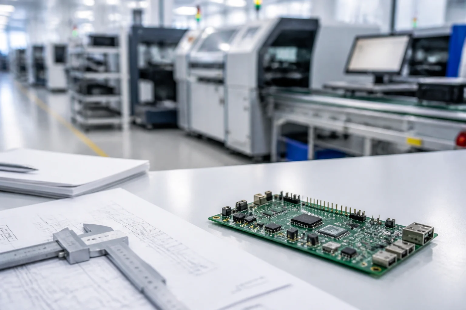 PCB prototype board on an engineering bench beside a production line